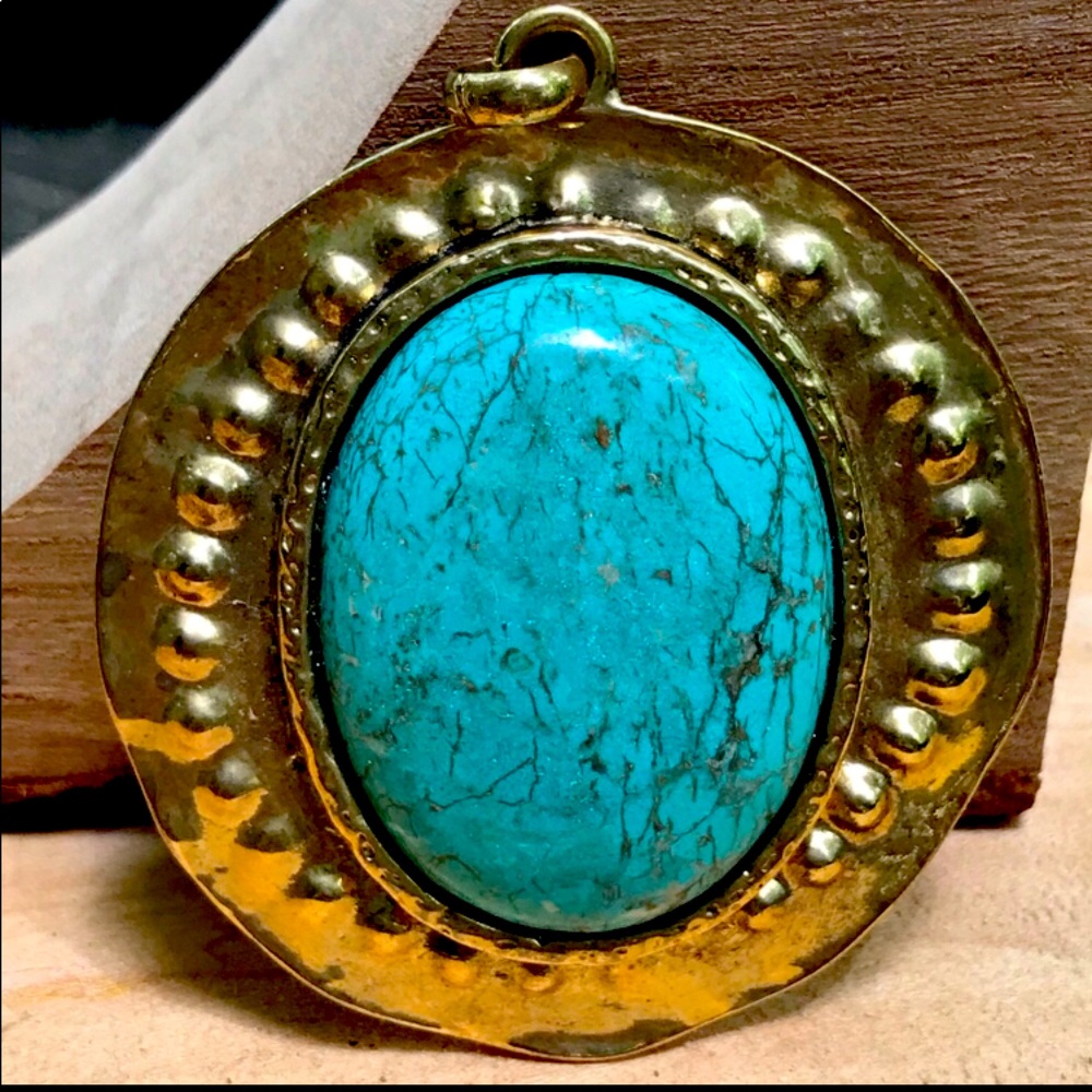 VTG turquoise large pendant silver w gold overlay